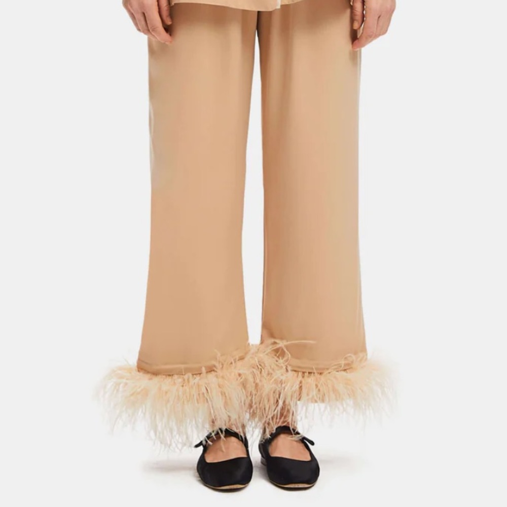 SLEEPER | Party Pajama Pants with Detachable Feathers in Beige | Medium
